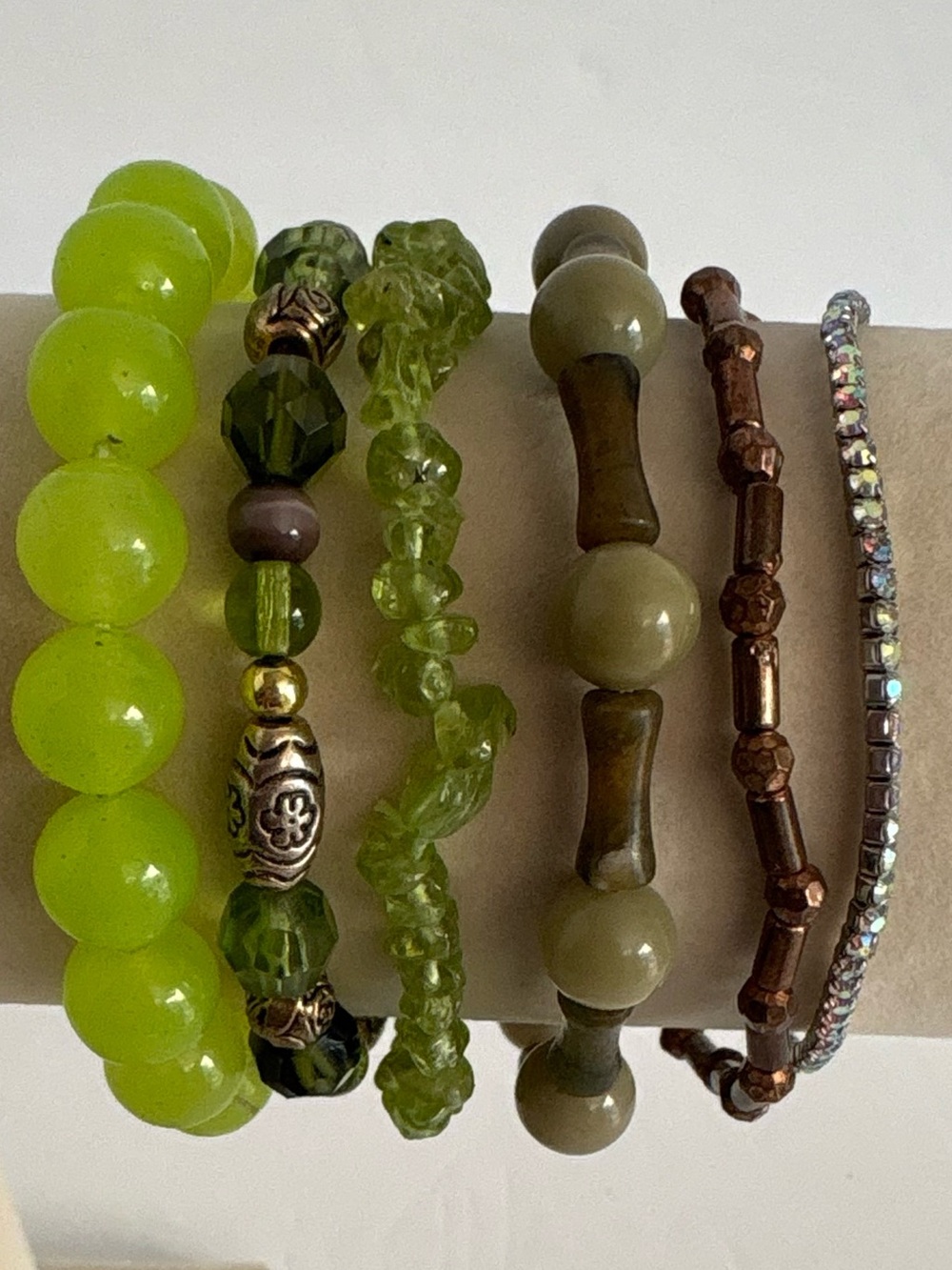 Boho Bracelet Stack Set of 6 Green Brown Stretch Beaded Bracelets